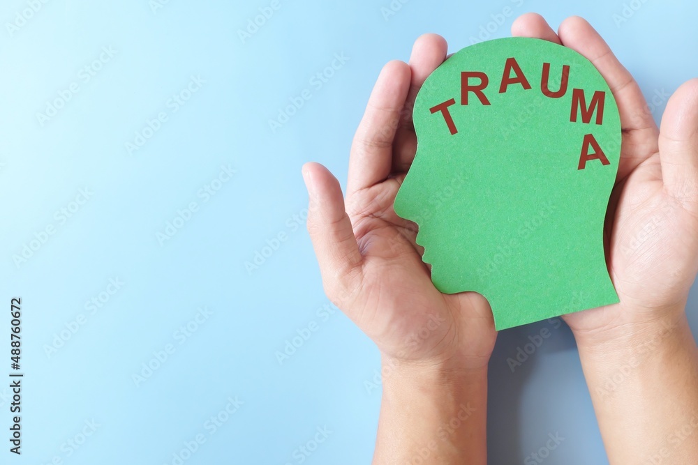 Care, treatment, PTSD and trauma therapy concept. Hand holding head profile with copy space.