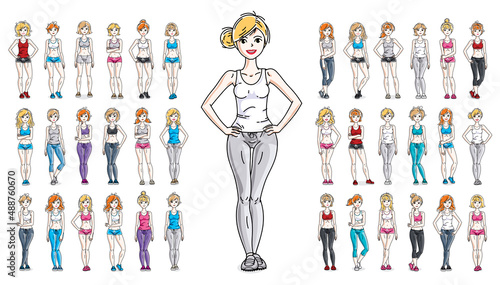 Sport wear clothes cute and attractive women vector illustrations big collection isolated on white background, perfect slim curvy perfect athletic body gorgeous female drawings.