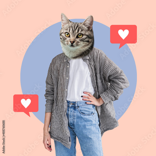 Contemporary art collage or portrait of cat headed young woman. Abstract design style. Business processes, social media, influence, popularity, like icons, communication, modern lifestyle, ad concept