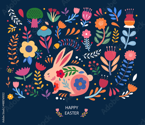 Colorful floral illustration with rabbit. Happy easter greeting card with decorative easter bunny 