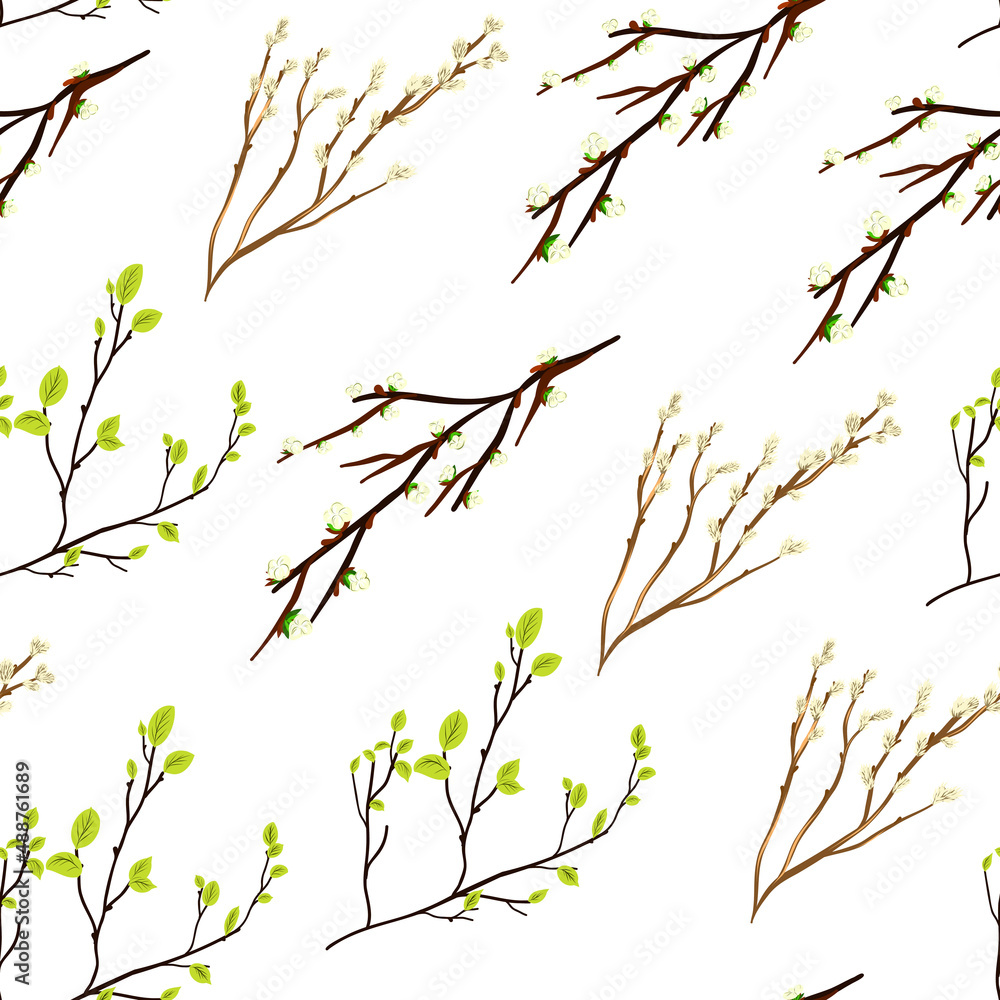 Fototapeta premium Seamless pattern with spring twigs and leaves.