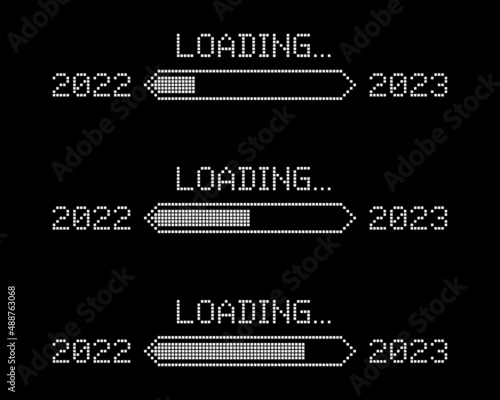 Pixel Loading Progress from 2022 to 2023 Year on Black Background. Set of Pixelated Progress Bar Showing Loading of 2023 Year. Isolated Vector Illustration