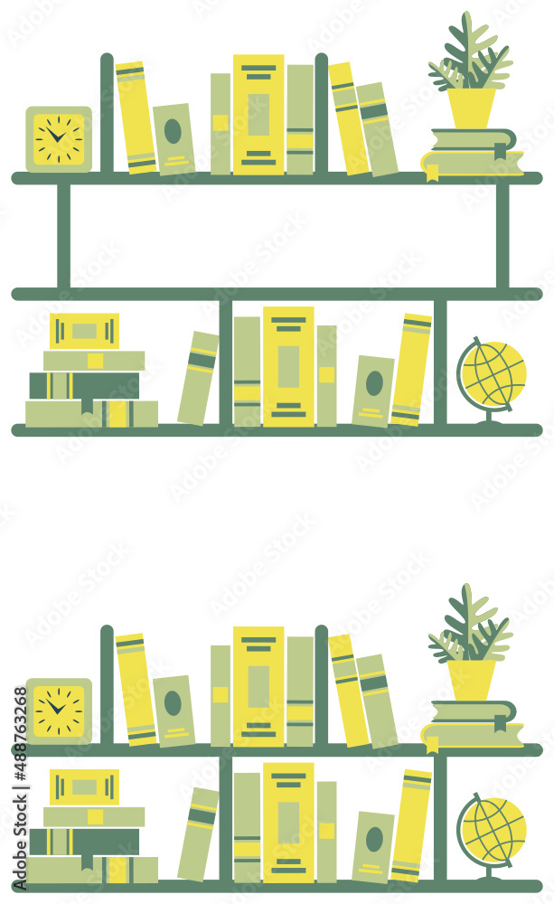 Attractive greenish icon set of book shelf. There are lot of books and plant vase and clock in green and yellow color combination. 