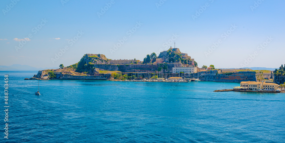 Corfu town in panoramic view from the water in Greece
