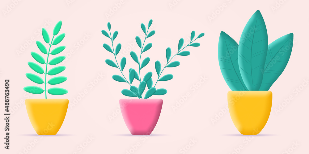 Plant in the pot set. 3d flowerpot icons. Cartoon houseplants with abstract leaves. Vector illustration.