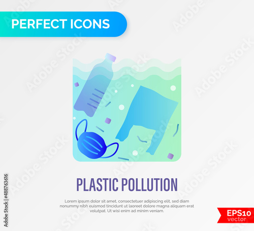 Plastic pollution. Plastic bottle, plastic bottle and medical mask in ocean or sea. Thin line icon. Overconsumption. Trash under water. Vector illustration.