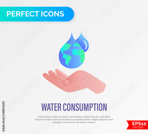 Water consumption concept, water droplet with planet Earth inside falling in human hand. Gradient flat icon. Save the water, conscious resource consumption. Vector illustration.