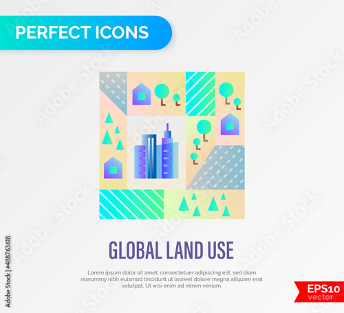 Global land use gradient flat icon. Deforestation, agriculture, industrial damage, livestock, overpopulated cities. Vector illustration.