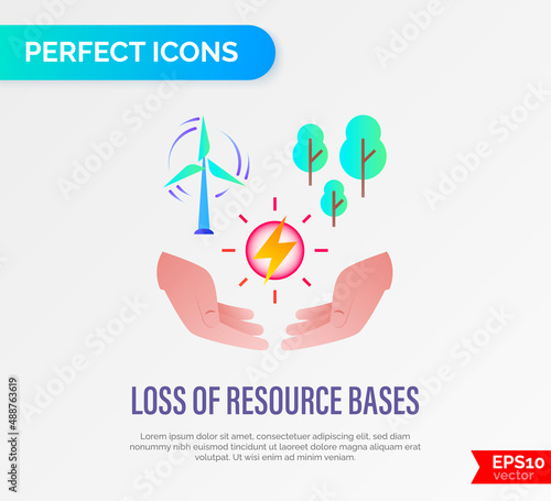 Resource depletion. Sign of energy in human hands, windmill and forests. Overconsumption of natural resources. Loss of resource base gradient flat icon. Vector illustration.