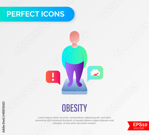 Obesity gradient flat icon. Man with excess weight on scales. Overeating, health problem. Overconsumption. Vector illustration.