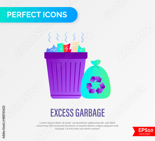 Overloaded trashcan with sign recycle gradient flat icon. Excess garbage, overconsumption. Vector illustration.