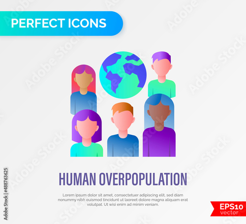 Human overpopulation gradient flat icon. People around the planet. Overcrowding. Ecological problem. Vector illustration.