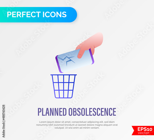 Technological planned obsolescence gradient flat icon. Broken smartphone thrown into the trash. Overconsumption problem. Vector illustration.