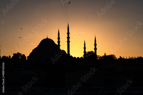 Mosque. Silhouette of Suleymaniye Mosque at sunset.