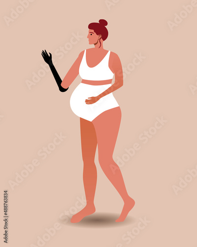 Pregnant inclusive person with prosthetic arm in her underwear, Flat vector stock illustration.