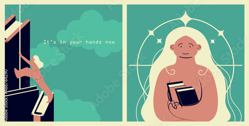 motivational poster for self-development. The concept of opening oneself to the world, learning new things, showing curiosity and striving for success. Psychological illustration