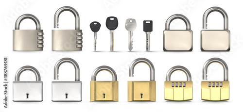 Open and closed metallic, gold and chrome code padlocks. Realistic locks with secret number combination and keyholes, modern keys vector set