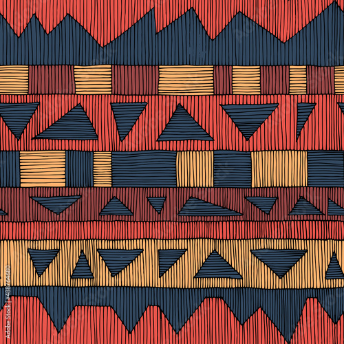 Seamless geometric pattern. African motives. Striped patchwork ornament for textile, home decor, packaging. Vector illustration.