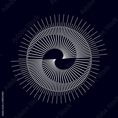 White lines in circle form over black background. Yin and Yang symbol. Sacred art line geometric design.