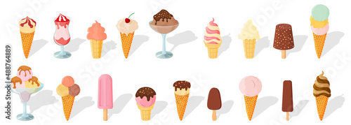 A set of ice cream.Sweet summer dessert.Vector illustration.A set of ice cream with different flavors, textures and fillers.