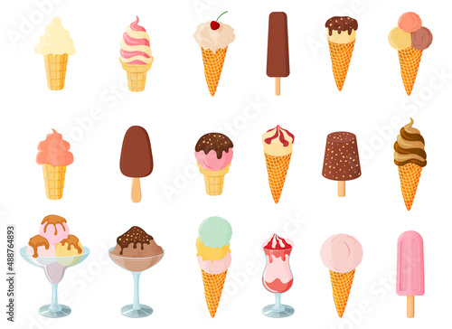 A set of ice cream.Sweet summer dessert.Vector illustration.A set of ice cream with different flavors, textures and fillers.