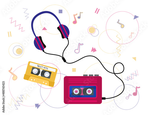 Audio player retro device, cassette and headphones from 80 and 90s. Isolated vector flat objects. 90s set of musical equipment. Illustration of audiotape and audioplayer