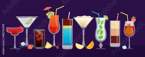 Alcohol cocktails banner with drinks in glasses, fruit and ice cubes. Bar or club tropical cocktail party. Summer beverage vector background