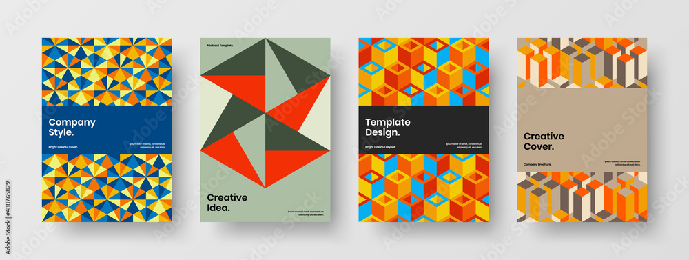 Multicolored presentation design vector layout set. Vivid geometric tiles booklet template bundle.