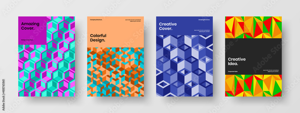 Multicolored mosaic pattern company brochure illustration bundle. Trendy cover A4 design vector concept collection. Multicolored mosaic pattern company brochure illustration bundle. Trendy cover A4 design vector concept collection.