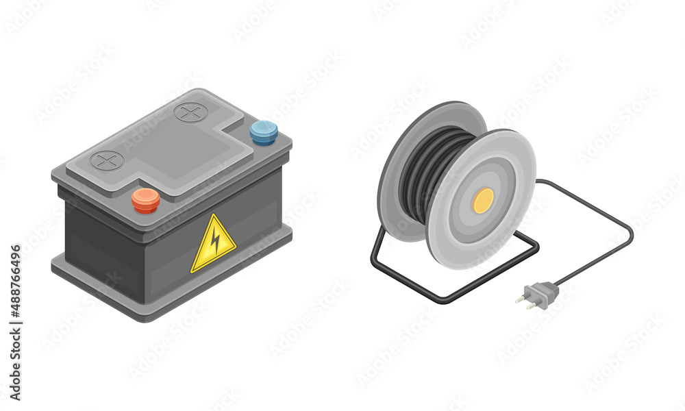 Obraz premium Electric power objects set. Battery and cable isometric vector illustration