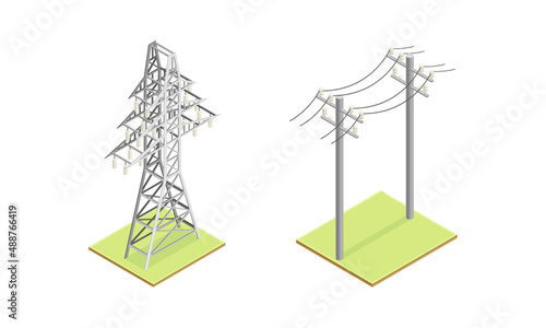 Electric power objects set. High voltage electricity power transmission grid isometric vector illustration