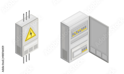 Electric power objects set. Switchboard panel, power control isometric vector illustration