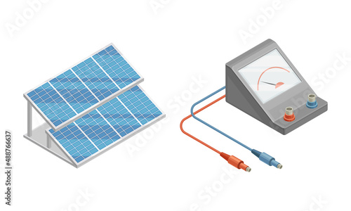 Electric power objects set. Solar panels and ammeter isometric vector illustration