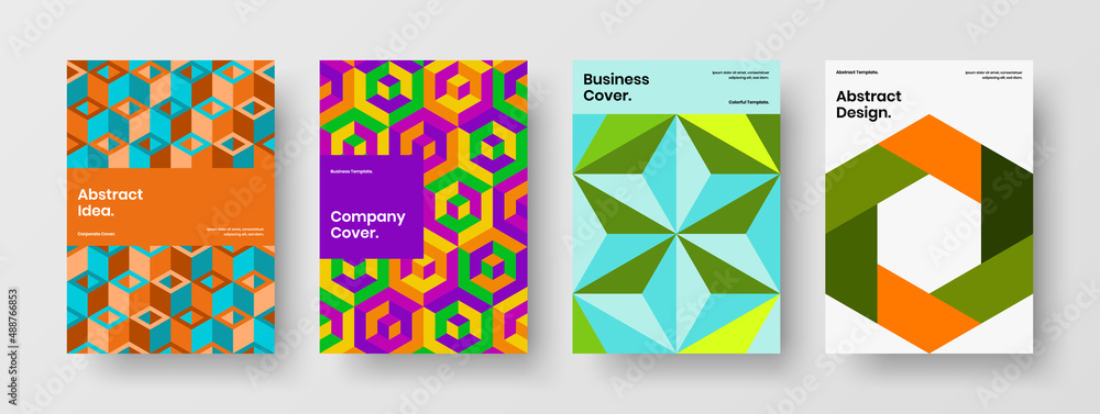 Multicolored brochure A4 design vector layout composition. Isolated geometric tiles cover concept collection.