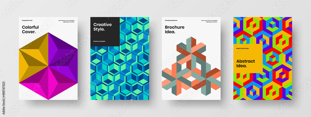 Premium company brochure vector design concept set. Fresh mosaic hexagons magazine cover layout collection.