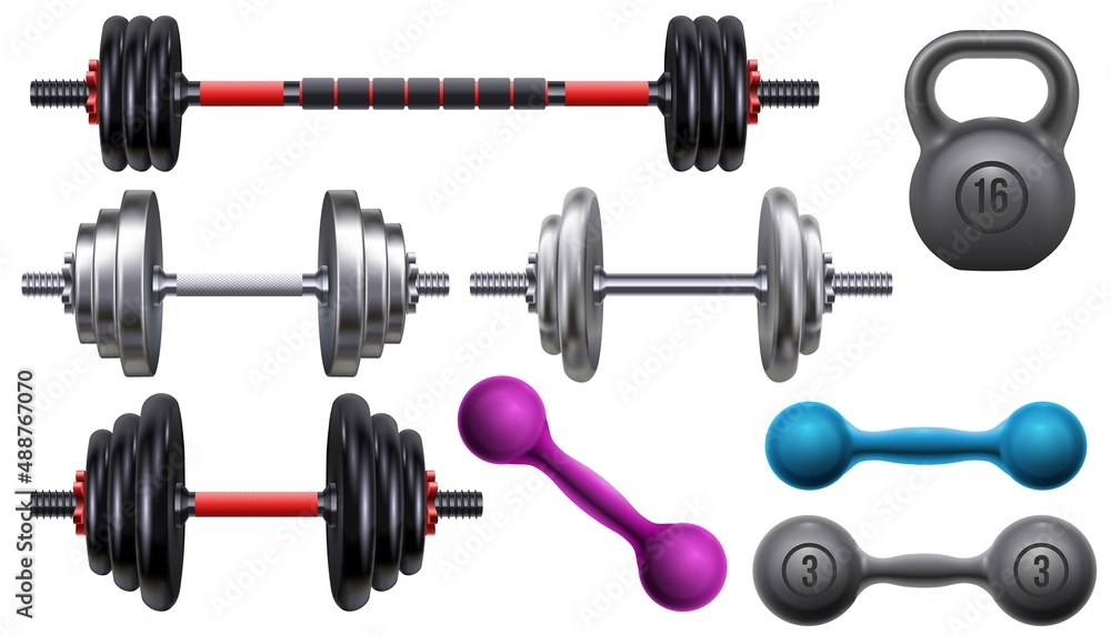 Realistic gym workout equipment, barbell, dumbbells and kettlebell. Fitness  and sport training tools for weight lifting exercise vector set Stock  Vector