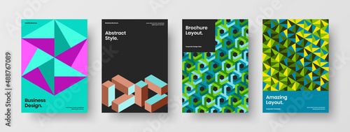 Fresh company brochure A4 vector design illustration set. Clean geometric shapes postcard template bundle.