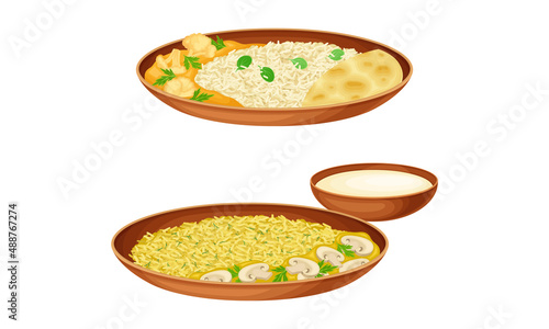 Delicious traditional Asian cuisine dishes set. Rice with stewed mushrooms and vegetables vector illustration
