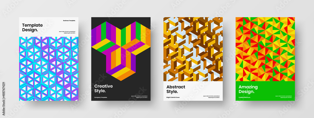 Fototapeta premium Simple booklet vector design template bundle. Colorful mosaic pattern placard illustration collection.