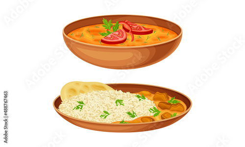 Delicious traditional Asian cuisine dishes set. Soup, stewed meat and rice vector illustration