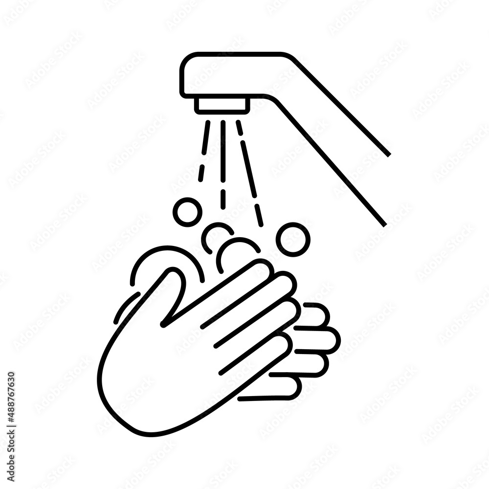 wash hands icon, foam soap on hand, thin line web symbol on white background - editable stroke vector illustration eps10. Toilet