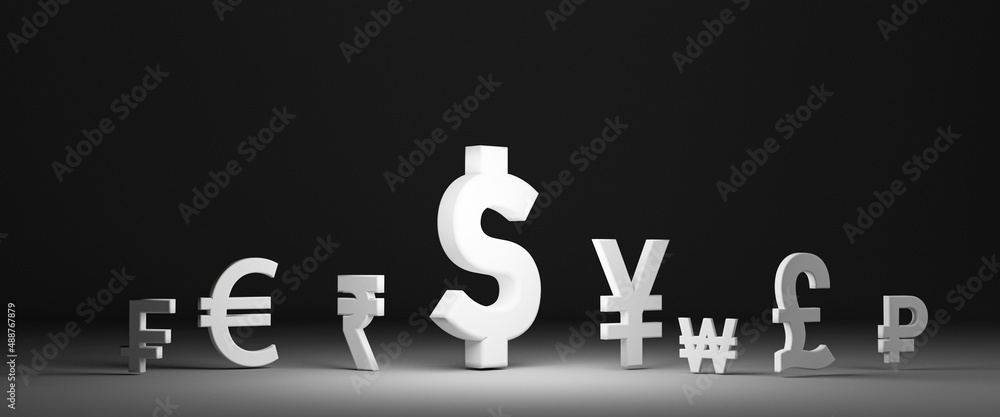 White currency sign with glowing light on dark background include dollar Yuan Yen Pound sterling and Euro for main currency exchange and forex concept by 3d render. White currency sign with glowing light on dark background include dollar Yuan Yen Pound sterling and Euro for main currency exchange and forex concept by 3d render.