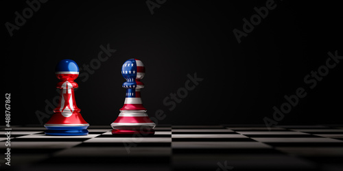 Battle of USA and North Korea flag which print screen on pawn chess , America and North Korea have military nuclear conflict and business sanctions concept by 3d render.