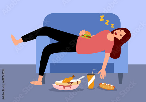 Woman sleeping on sofa after overeating in flat design.