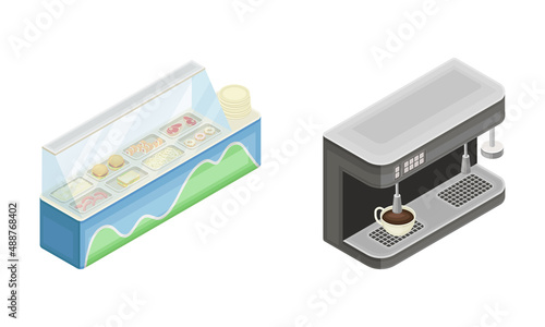 Fridge for ice cream with variety of flavors and coffee machine vector illustration