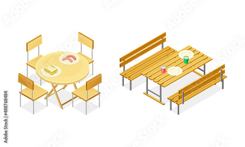 Street bar furniture set. Food court and cafe concept vector illustration