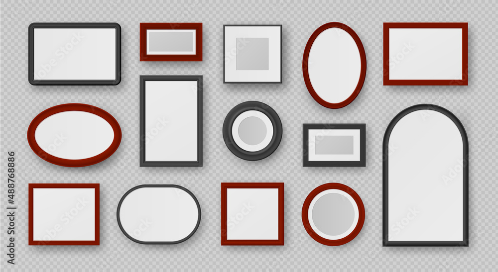 Realistic black oval, round, square and rectangle photo frames. Modern wall picture frame shapes templates. Decorative framework vector set Realistic black oval, round, square and rectangle photo frames. Modern wall picture frame shapes templates. Decorative framework vector set