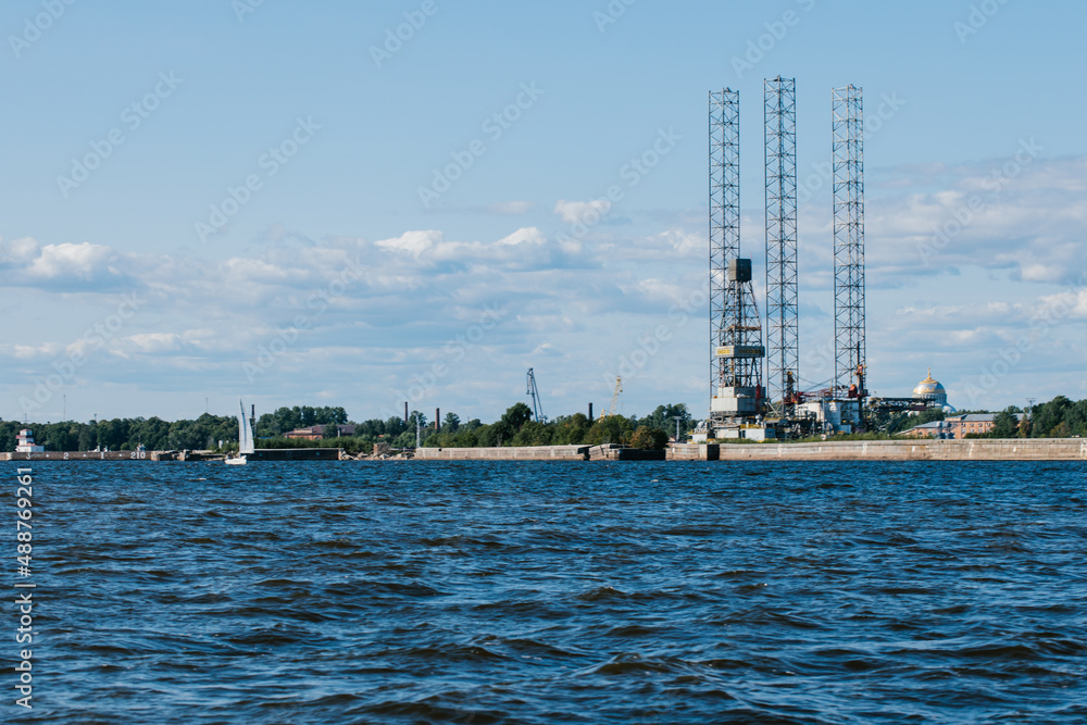 Ensco 101 floating drilling rig,drilling cranes,vessels and mining platforms in Kronstadt on Navy Day.Kronstadt Marine Plant.Russia,Kronstadt,31.07.2021