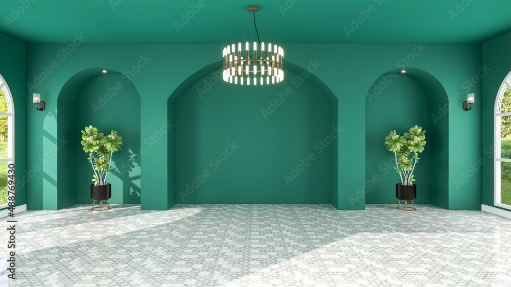 Interior of large empty hall room with green empty arch wall and tile ...