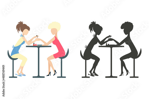 Salon nail manicure , woman and master manicure. Logo icon silhouette dark, isolated. Vector illustration